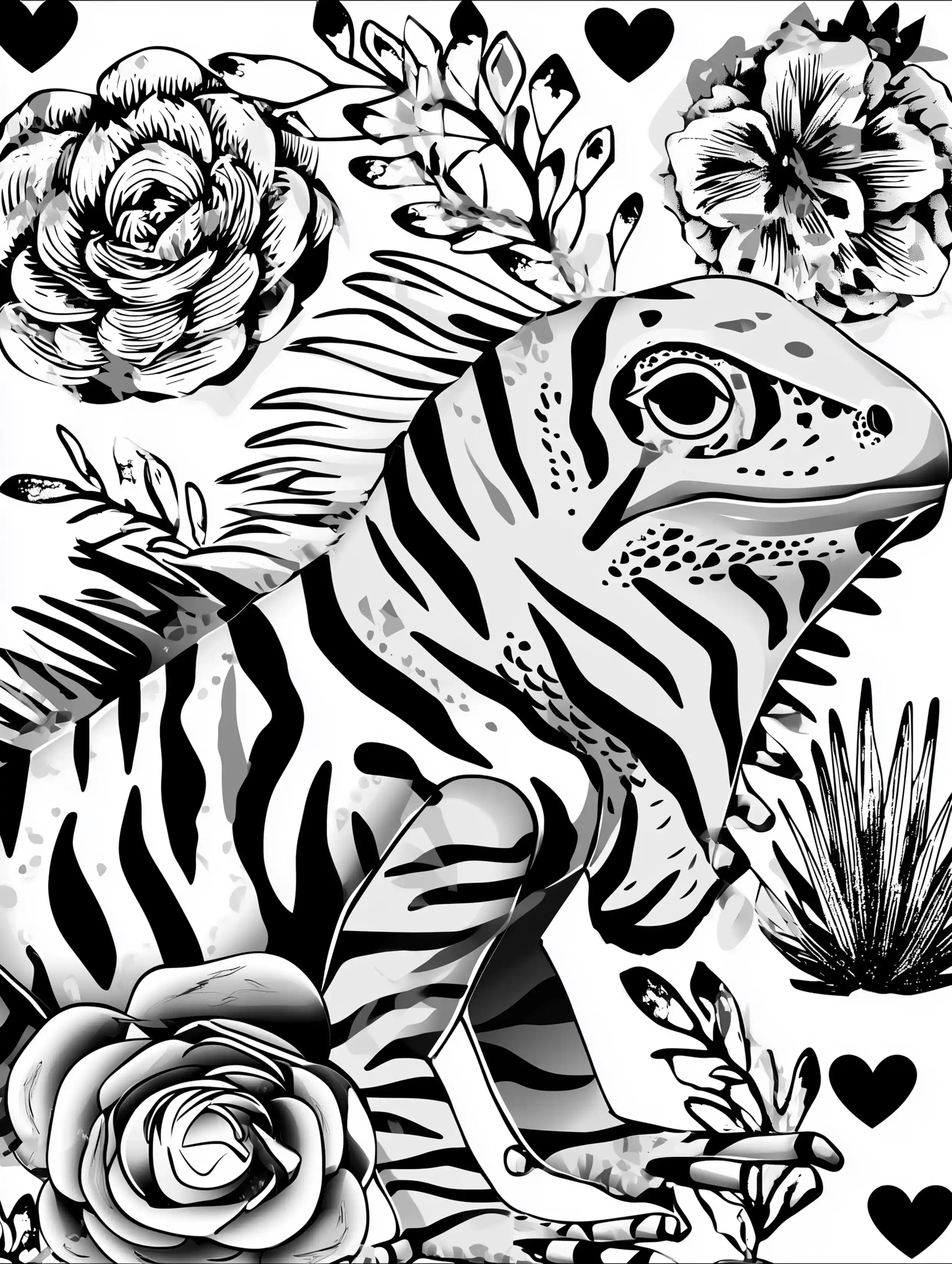 Free printable zoo coloring sheet featuring an iguana with flowers